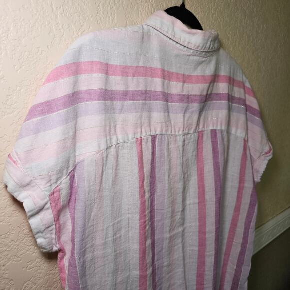 Beach Lunch Lounge Linen Blend Striped Button Down Beachy Shirt Large Preppy - Picture 8 of 11